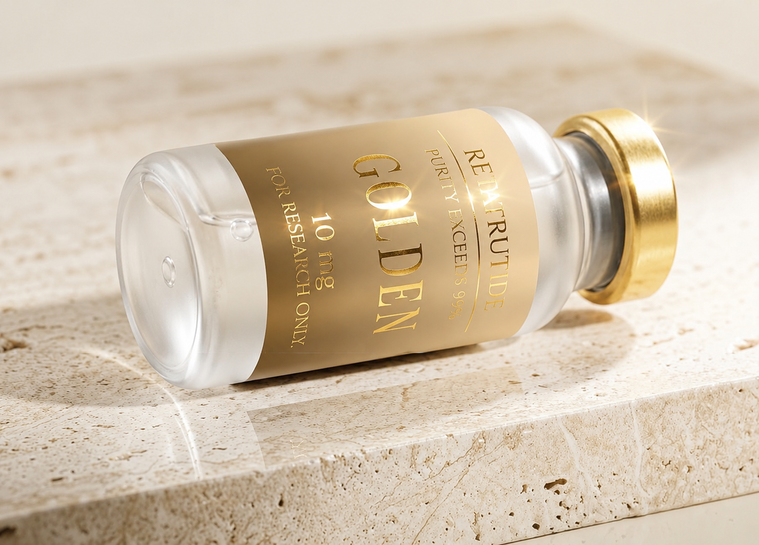 Golden Retatrutide vial on light stone