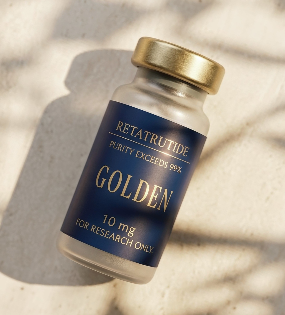 Golden Retatrutide vial in sunlight